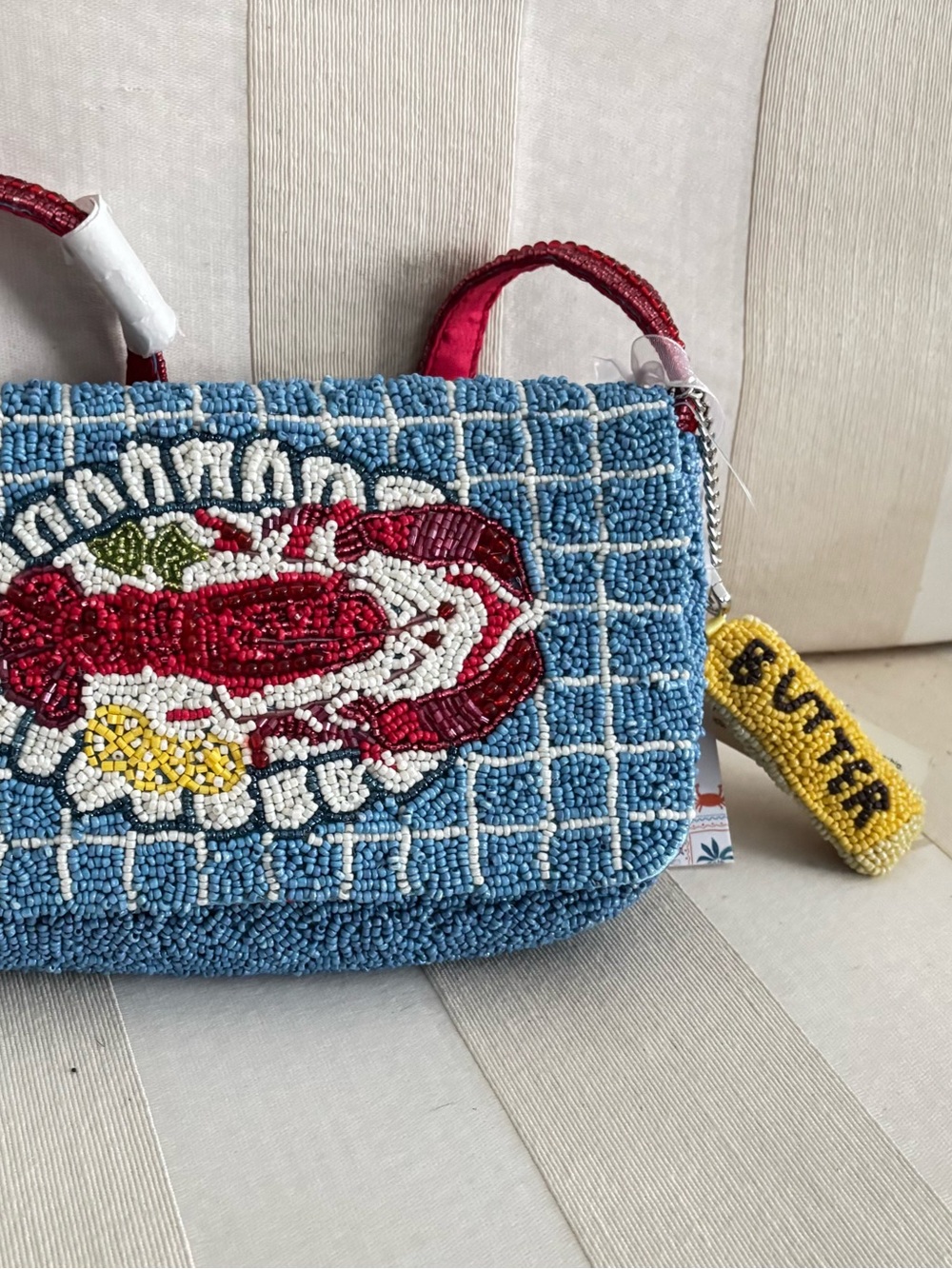 Beaded Blue Lobster Accent Shoulder Bag with Butter